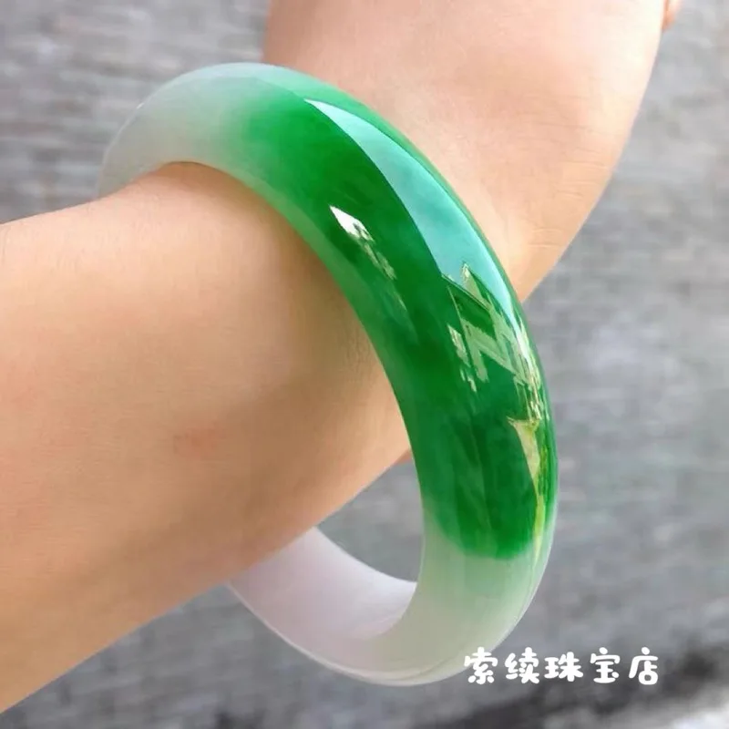 Apple Green Spicy Ice Burmese Bangle, Semi-Scenic Jadeite Bracelet, Gift for Women