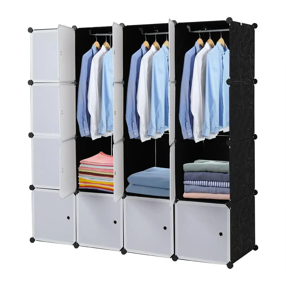 

16-Cube Modular Storage Organizer - Stackable Plastic Shelves with White Doors, Black Panels & 3 Clothes Rails