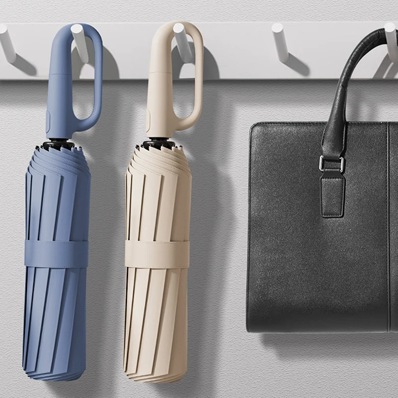 Paraguas plegable inverso completamente automático con raya reflectante a prueba de viento, paraguas UV para hombres y mujeres, mango de mosquetón para viaje