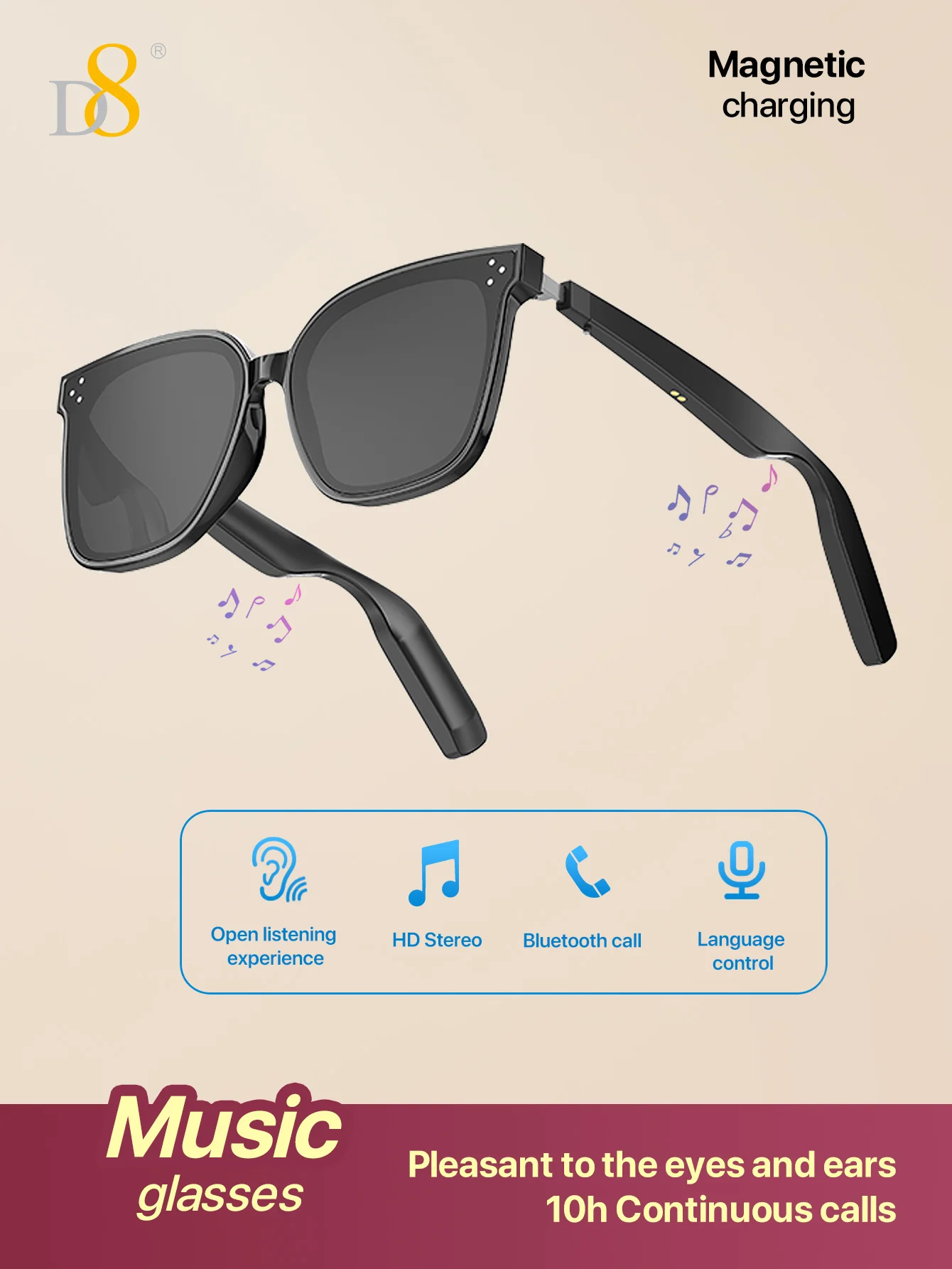 

Умные музыкальные очки D8, модные солнцезащитные очки, защита от ультрафиолета, пульт дистанционного управления для фотосъемки, голосовое управление, воспроизведение музыки,