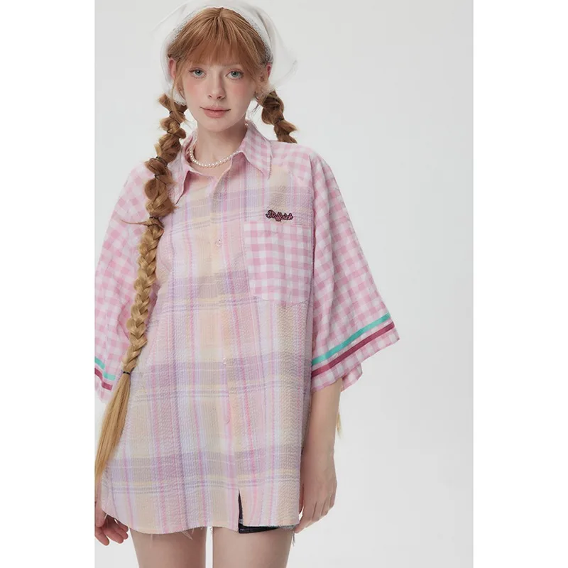 NXXTRESS Sweet Shirts Women Plaid Splice Korean Style Turn-down Collar Loose Half Sleeve All-match Single Breasted Retro Student