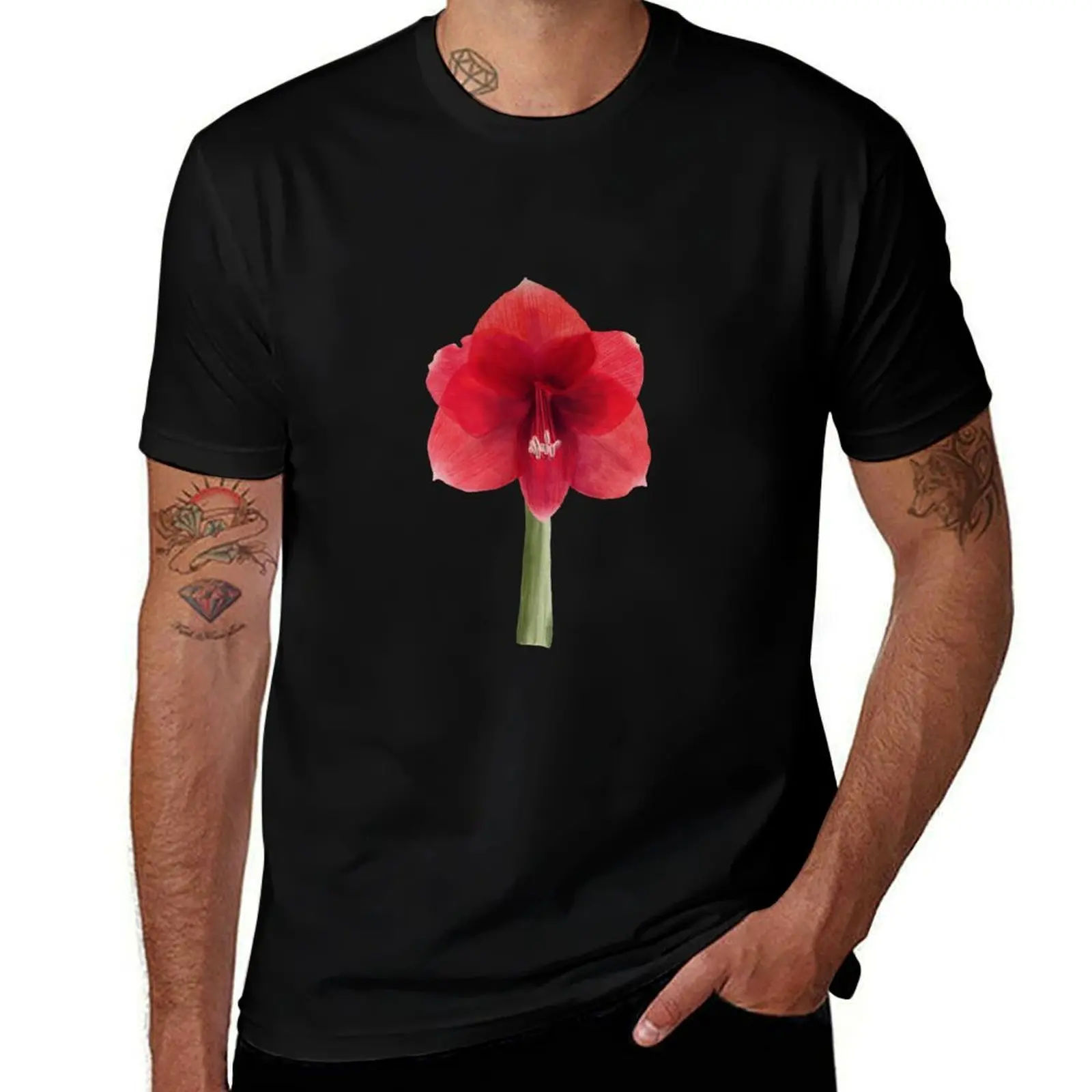 Red amaryllis flower Hand drawn watercolor clipart T-Shirt Casual Basic Street Style T-Shirt