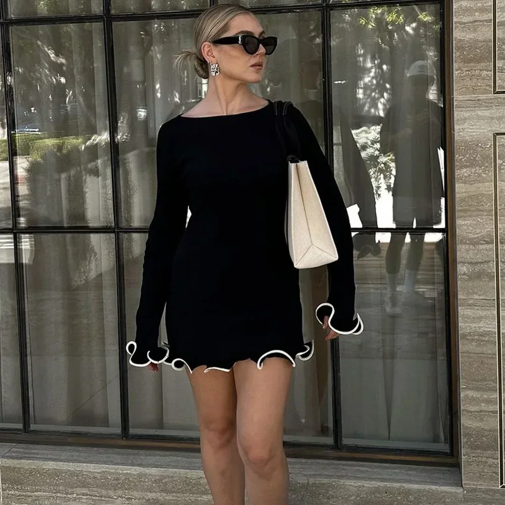 Talenza Black Ruffle High Waist Mini Dress Women's Sexy Slim Long Sleeve Short Skirt Fall Pullover Bodycon Party Dress Women