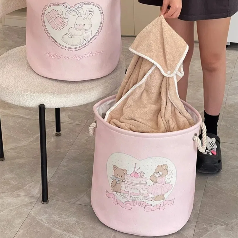 Cute with Handles Laundry Basket Cartoon Bear Rabbit Foldable Toys Storage Basket Round Large Capacity Clothes Basket Bedroom