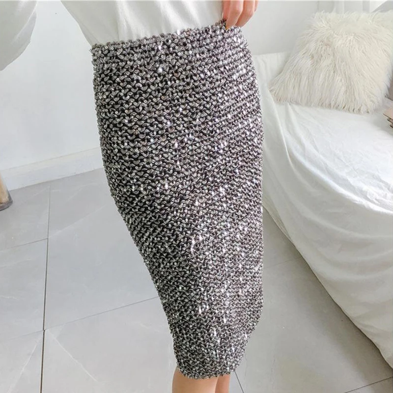 Sexy Shiny Sequin Skirt Women High Waist Glitter Gold Silver Stretchy Pencil Skirts Ladies Knee Length Party Club Midi Skirt