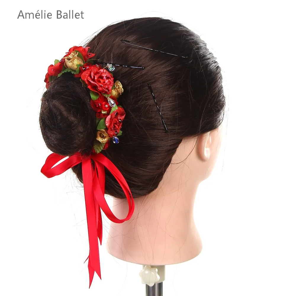 HB077 Free Shipping Red Flower Headdress Hair Accessories Girls Ballerina Headwear Ribbon Hairwear Ballet Dancing Head Bands