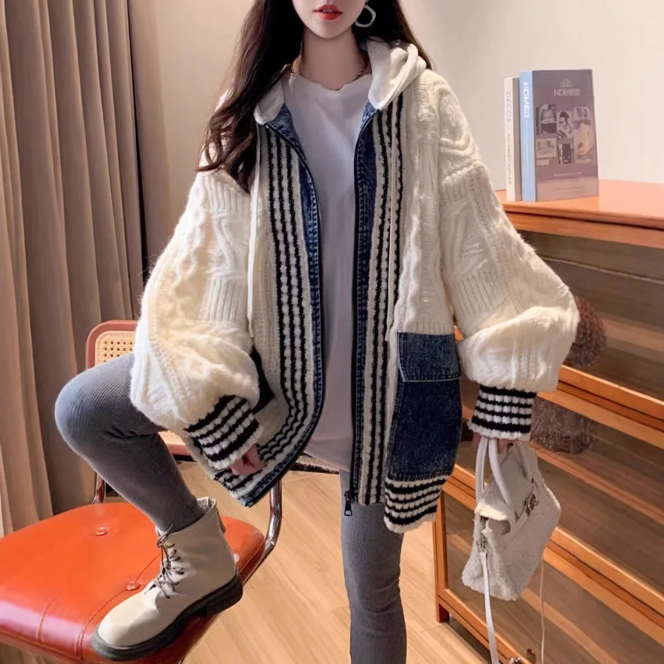 Cardigan feminino com capuz casacos de malha com zíper manga cheia jumpers y2k streetwear elegante malha casual aberto stith outono inverno