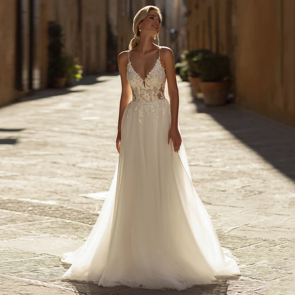 فستان زفاف مثير مخصص السباغيتي الأشرطة الخامس الرقبة انظر من خلال زين مفتوح الظهر سويب تراين فستان زفاف رداء دي ماري