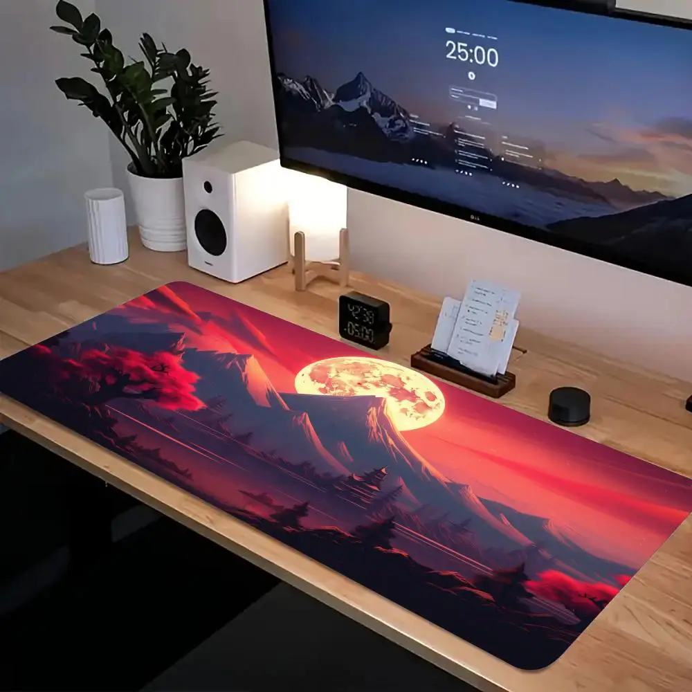 لوحة ماوس على شكل قمر بمناظر طبيعية ساكورا، لوحة ماوس ألعاب مطاطية كبيرة مضادة للانزلاق، حصيرة مكتبية متينة بحافة سميكة مناسبة لألعاب المكتب #2