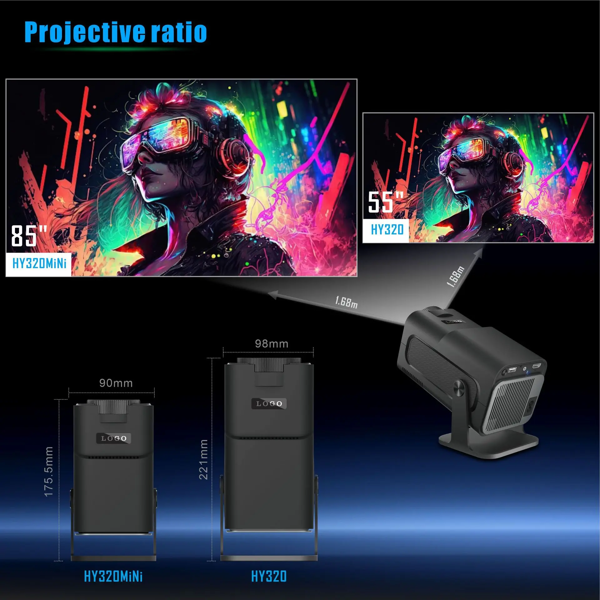 Branches HY320 Mini 4K Projector 300ANSI Wifi6 BT5.0 Cinema 720P Outdoor Portable Newly Native Android11 180° Rotable Projector