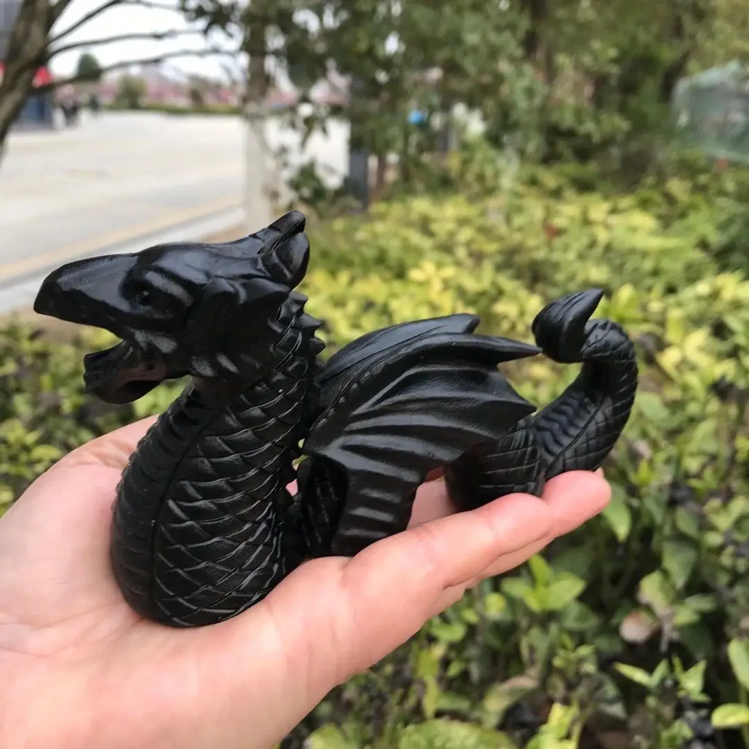 

Natural Reiki healing obsidian Crystal Mineral Stone, Hand Carved Dragon three-section, Room, Aquarium Spiritual Decorations.