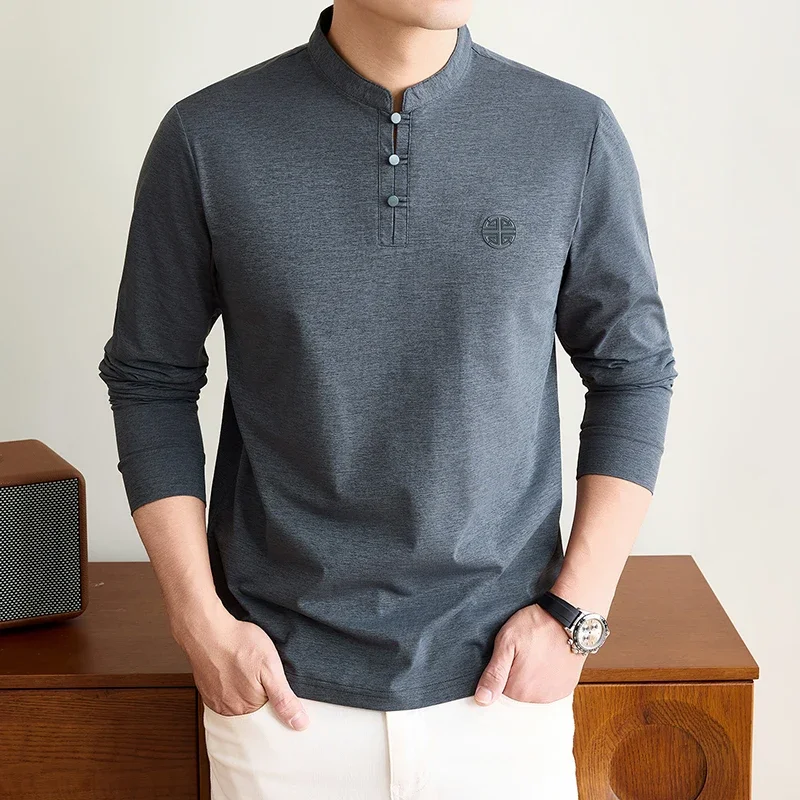 Mens Mandarin Collar Long Sleeve Tee Traditional Button Design Chest Emblem Smooth Stretchy Fabric Fashion Casual Tops For Men view 3