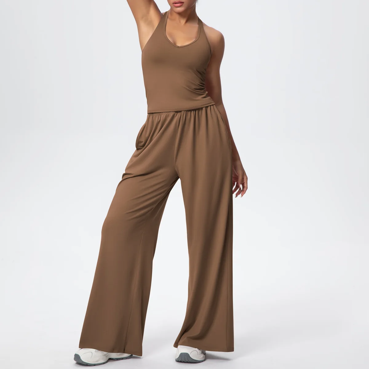 Тренажерный зал с v-образным вырезом и открытой спиной, плотный дышащий однотонный комплект одежды для йоги с широкими штанинами для женщин, спортивные комплекты для бега и фитнеса