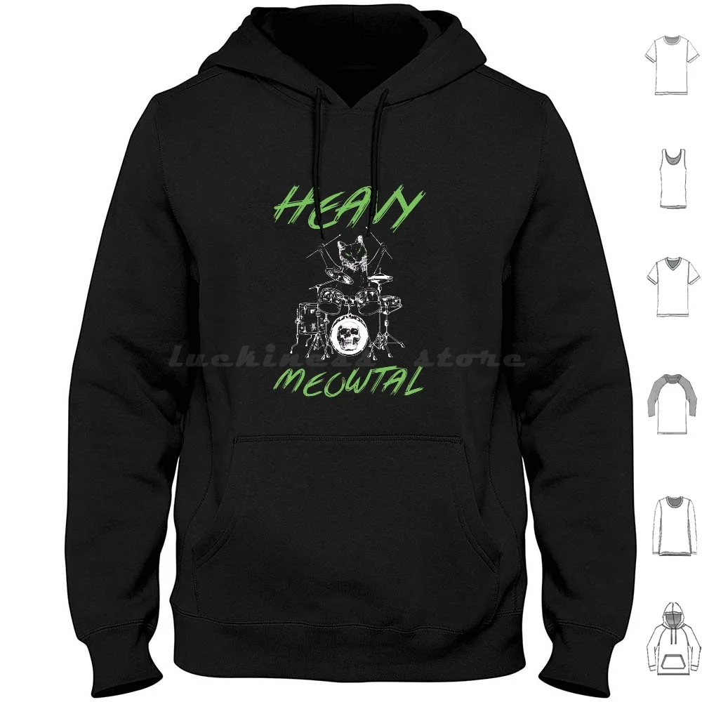 Heavy Metal / Heavy Meowtal Drummer Cat Hardrock Cat Hoodie cotton Long Sleeve Heavy Metal Hard Metal Cat Drums Drummer