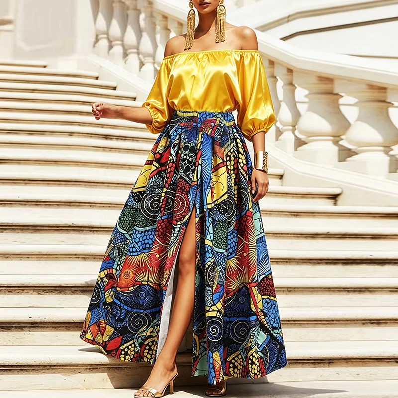 Summer New High Waist Commute Set Fashion Slash Collar Solid Tops&Printed Skirts Set Elegant Lady Loose Hem Pleated Skirts Suits