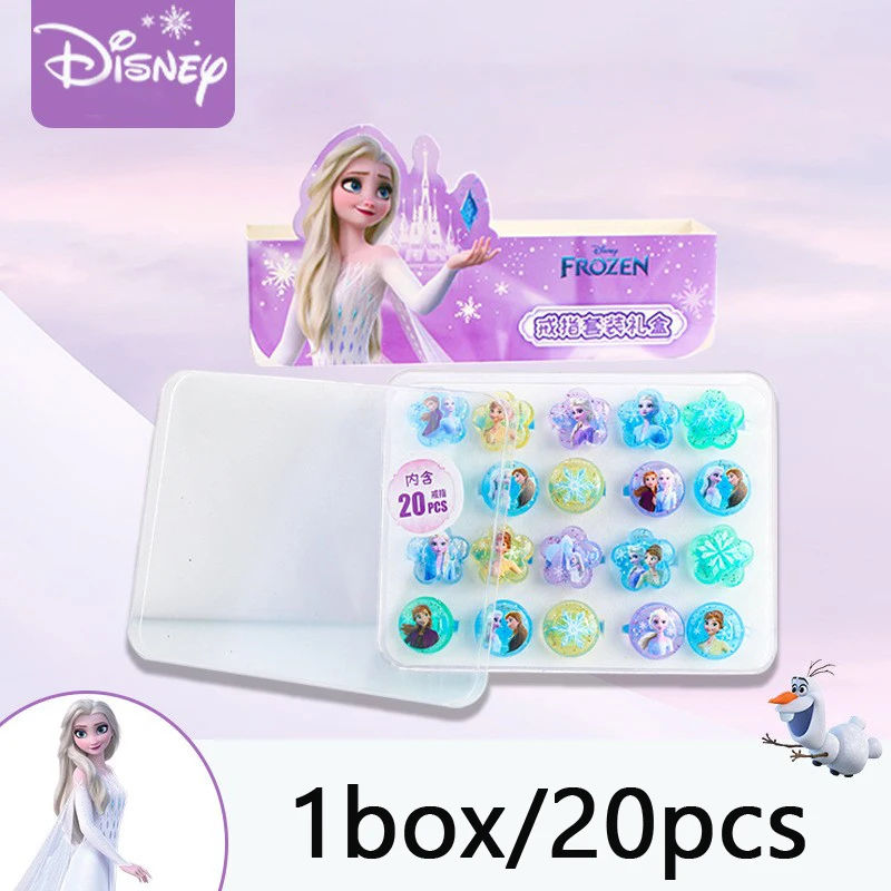Bague Disney en PVC pour enfants, 20 pièces/boîte, personnage de dessin animé, princesse Elsa la reine des neiges, ensemble de bijoux pour bébé fille, jouet, cadeau d'anniversaire