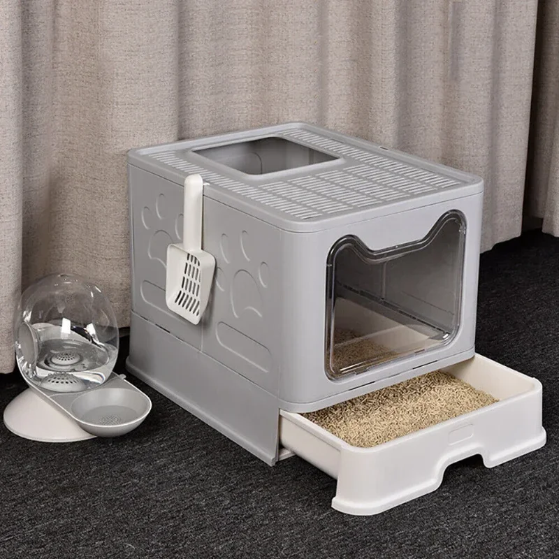 

Large Space Foldable Cat Litter Box with Front Entry Top Exit