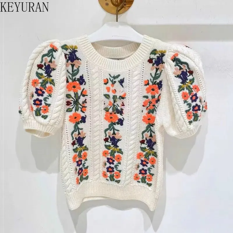 Flower Embroidery Short Sleeve Sweater Women Fashion Hollow Out Design O-Neck Slim Pullover Knitwear Crop Top 2024 Spring Summer