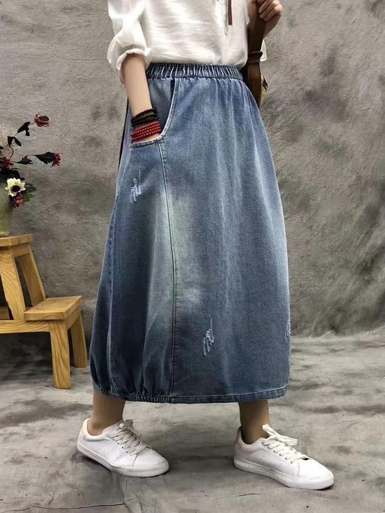 Amax luluE Design Autumn Women Fashion Loose Elastic Ripped Denim Skirts Ladies Vintage Casual Streetwear Classic A-Line Clothes