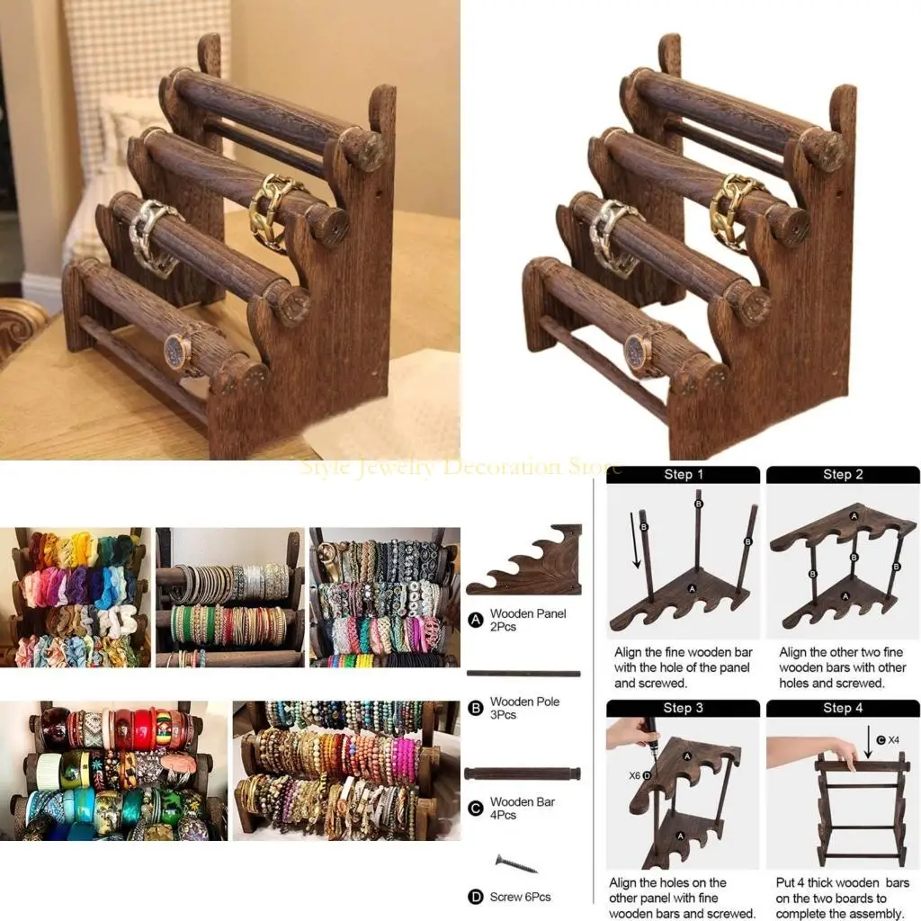 

D46E Vintage Bracelet Jewelry Holder 4 Tiers Wooden Bracelet Holder Stand