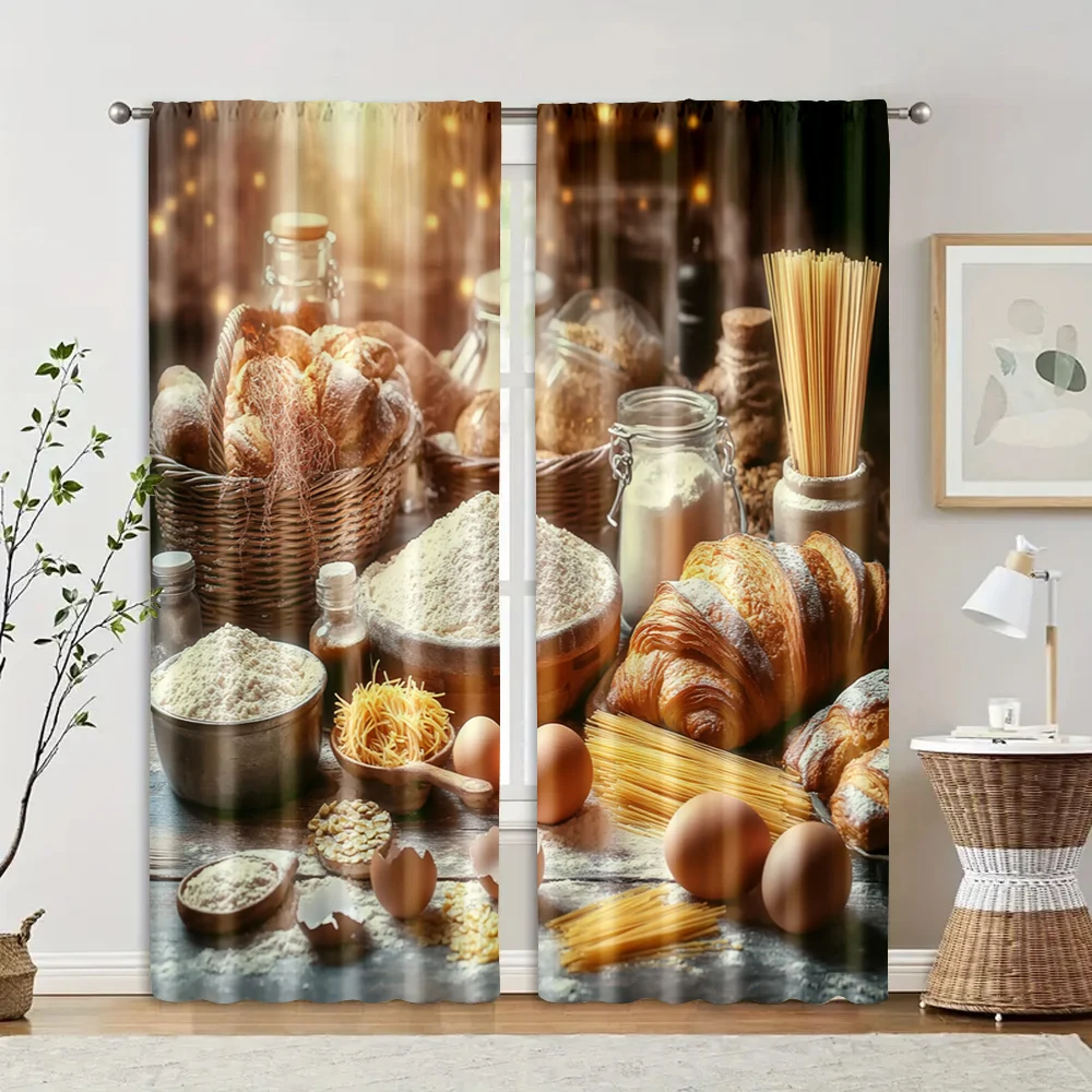 2 pcs, filtering curtains (excluding rods, non-movable, without batteries) A warm bread and pastry design with a rustic baking
