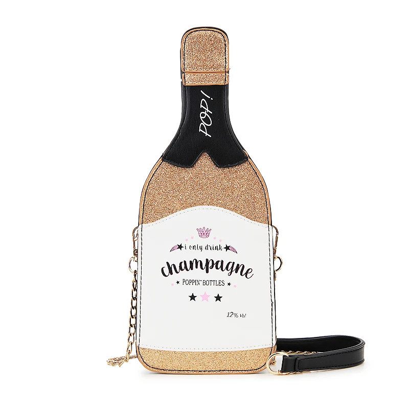 Luxury Champagne Bottle Shape Women Chain Purse and Handbag Novelty Gold Sequins Female Party Evening Clutch Girls Cute Gifts