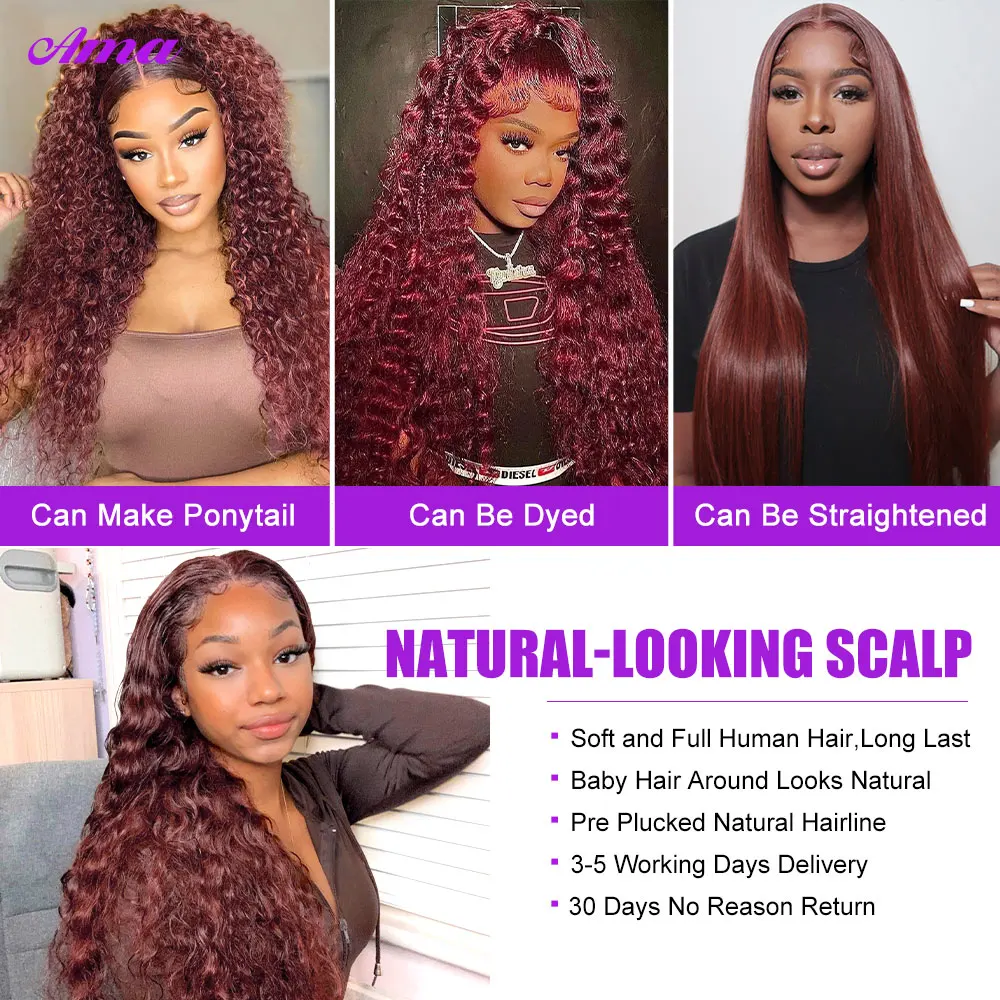 Perruque Lace Front Wig Deep Wave Naturelle Bouclée, Cheveux Humains, Brun Rousse, 13x6, 13x4, Densité 250, pour Femme