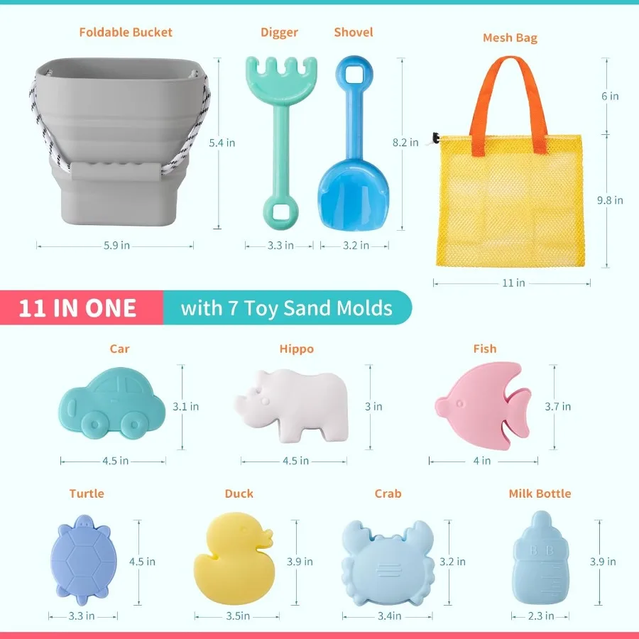 Jouets de plage en Silicone pour bébé, ensemble de plage moderne pour voyage, seau, pelle, 7 moules à sable, sac, jouets de sable pour tout-petits, 11 pièces, gris clair