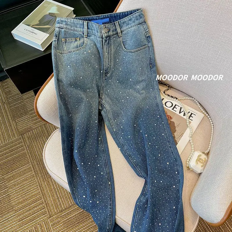 Calça jeans feminina de cintura alta, pernas largas, calças retas, novo, feminino, strass, quente, pequeno, cintura alta, incrustado de diamantes