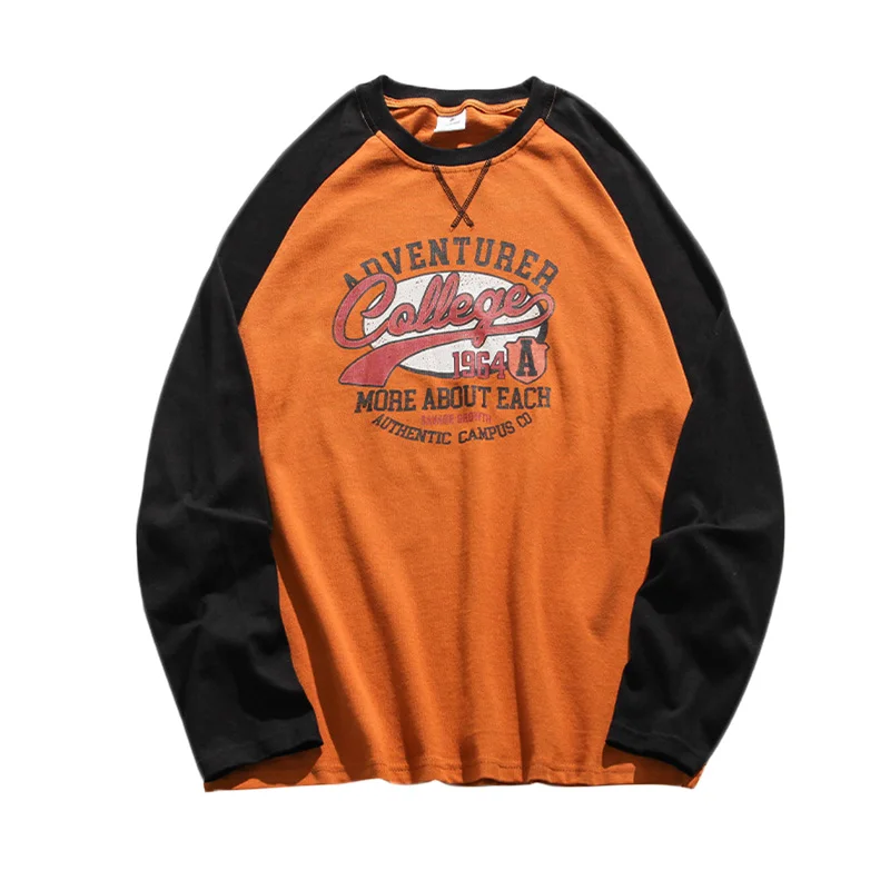 Patchwork Unisex Men Raglan Long Sleeve T-Shirt 100% Cotton Crew Neck Letters Printed Preppy Style College Tee Shirt Casual