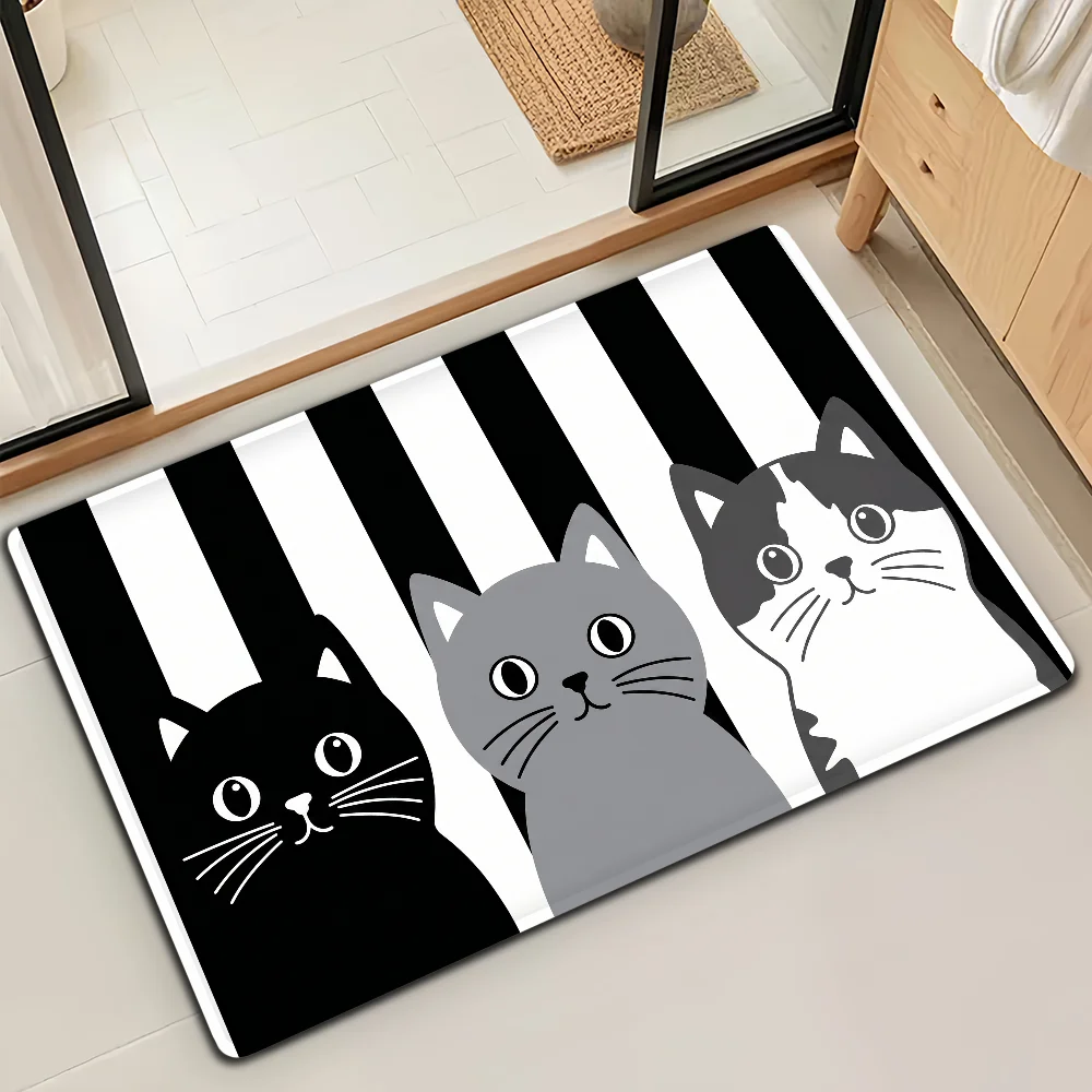 Cat Line Cat Art Black Door Mat Bath Microfiber Decorative Versatile Flannel Floor Mat Quick Dry Absorbent Non-slip Sole