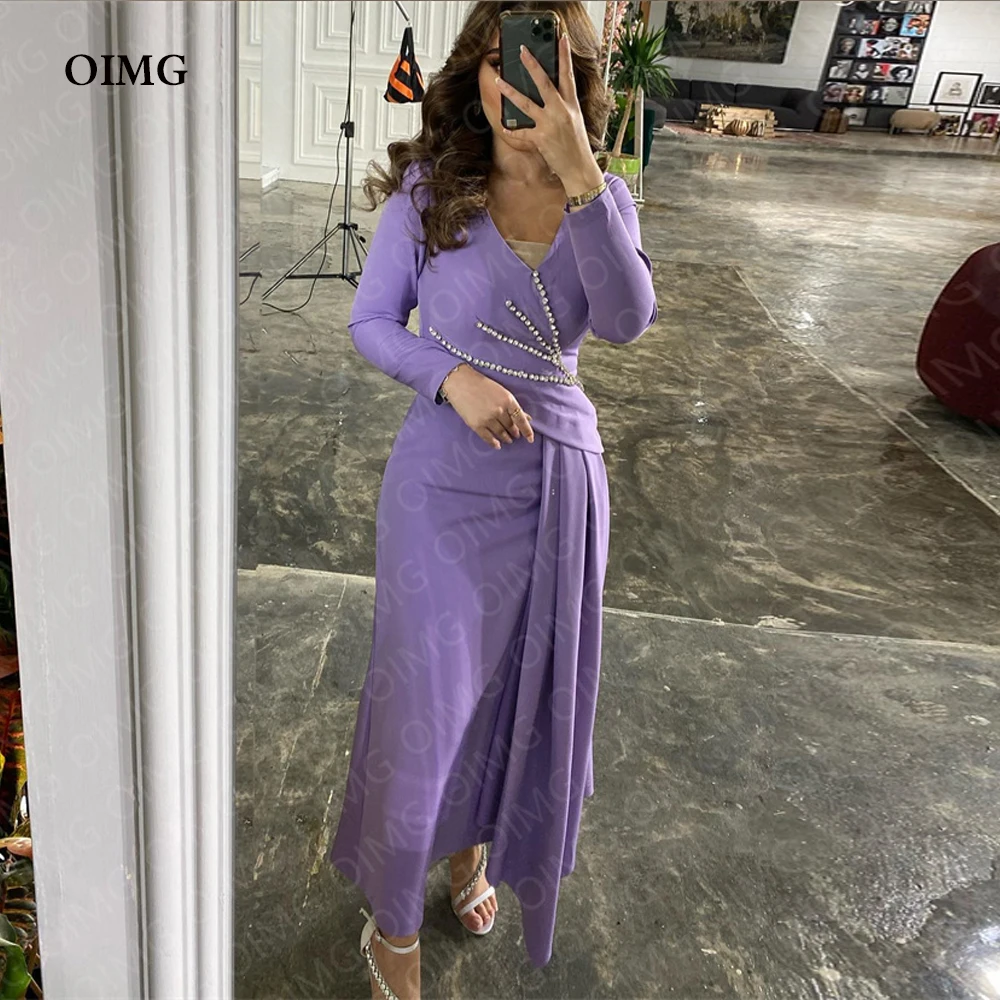 

OIMG Purplw Long Sleeves Arabic Party Dresses Evening Gowns Beads V Neck Custom Night Club Dress Vestidos Robe de soiree