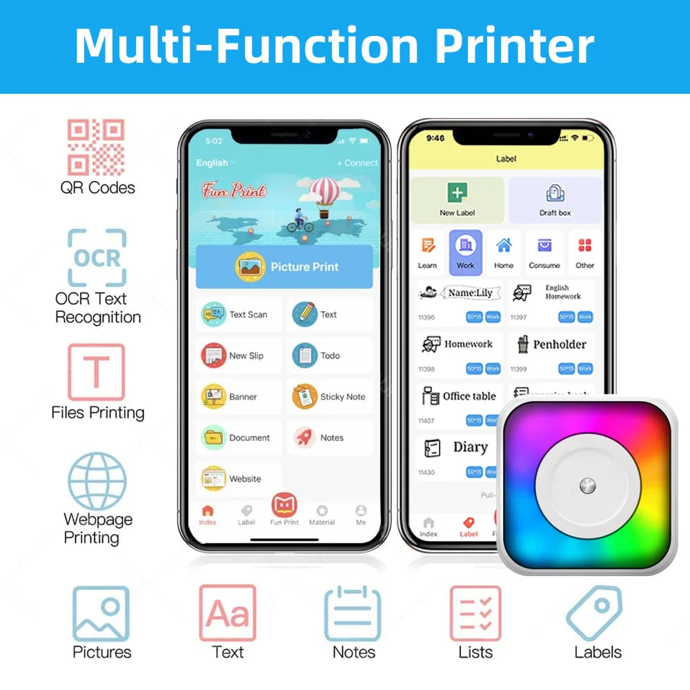 Mini Printer Sticker Pocket Printer Portable Print Pod RGB Lamp 7 Color Lighting Modes for DIY Scrapbook Travel Tes Label