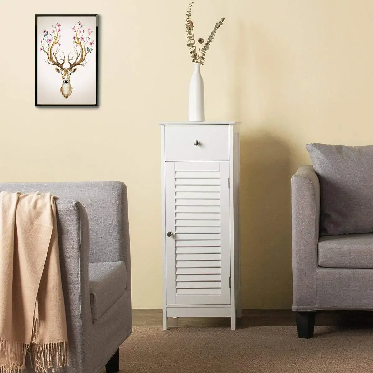 Bathroom Floor Storage Cabinet, Freestanding Side Table Storage Organizer Unit with Drawer and Single Shutter Door