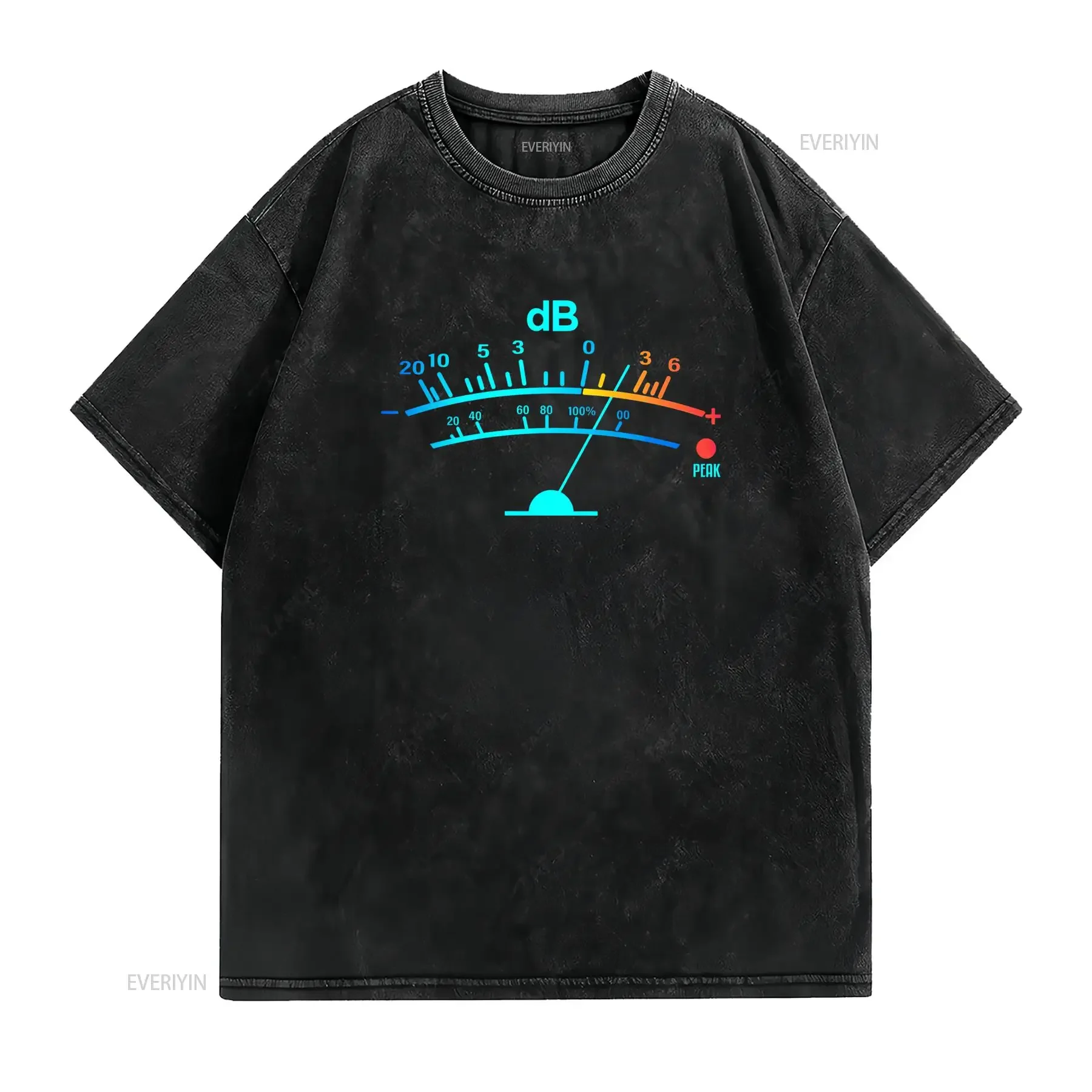 Retro Neon VU Meter Decibel Print Music Producer DJ Casual T Shirt vintage Washed streetwear Top For Everyday Wear Versatile