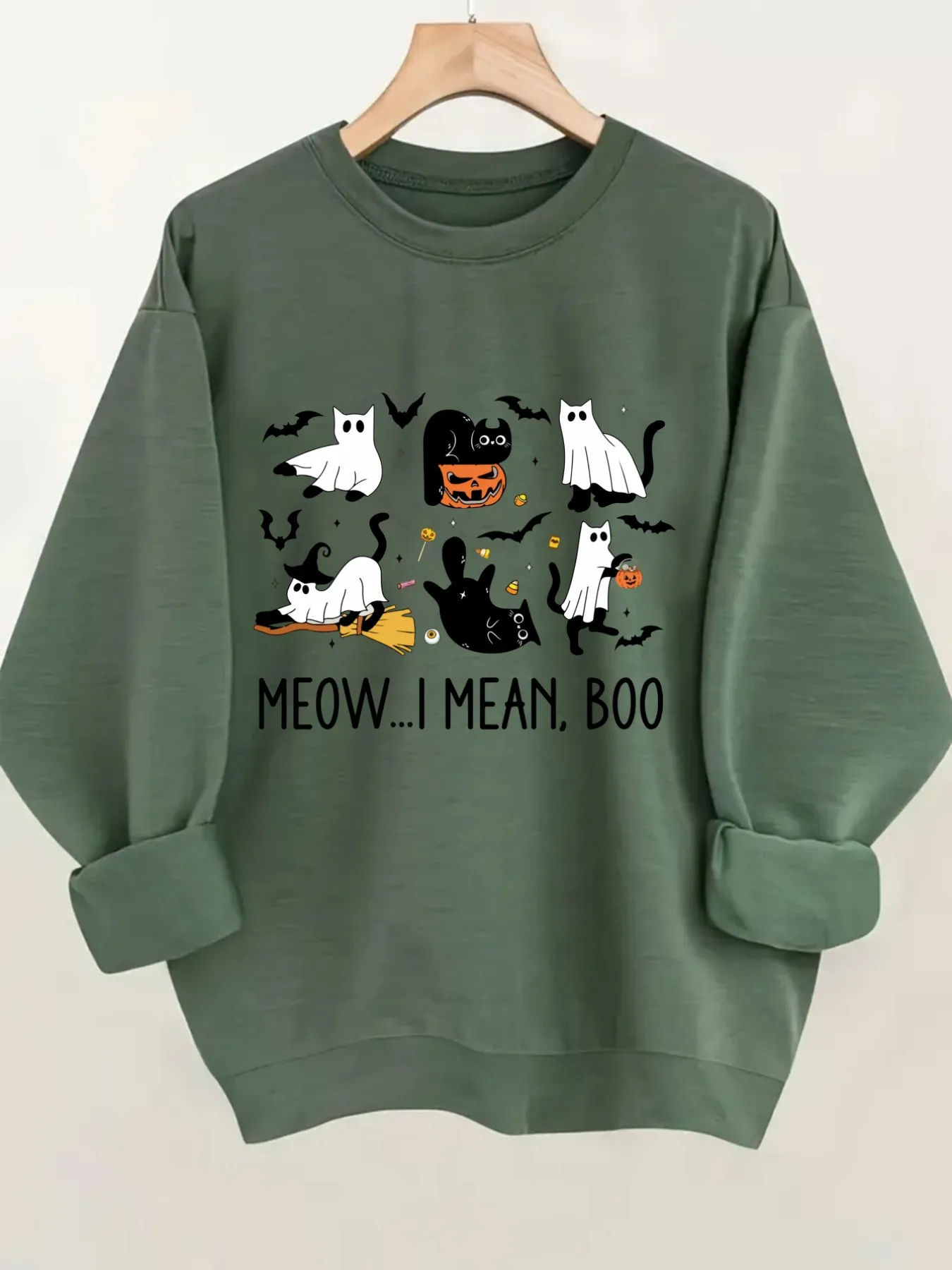 Women's Crew Neck Pullover Sweatshirt Halloween Cat Print Design, Soft Casual Long Sleeve, Daily Casual Top Outfit, Winter Women's Clothing, Halloween Costume Outfit