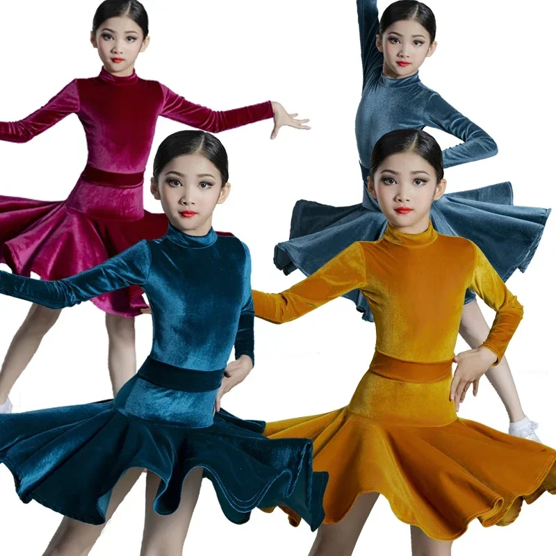 

Long Sleeve Velvet Split Suit Training Grading Competition Performance Dress Autumn Winter Children Latin Dance Dress