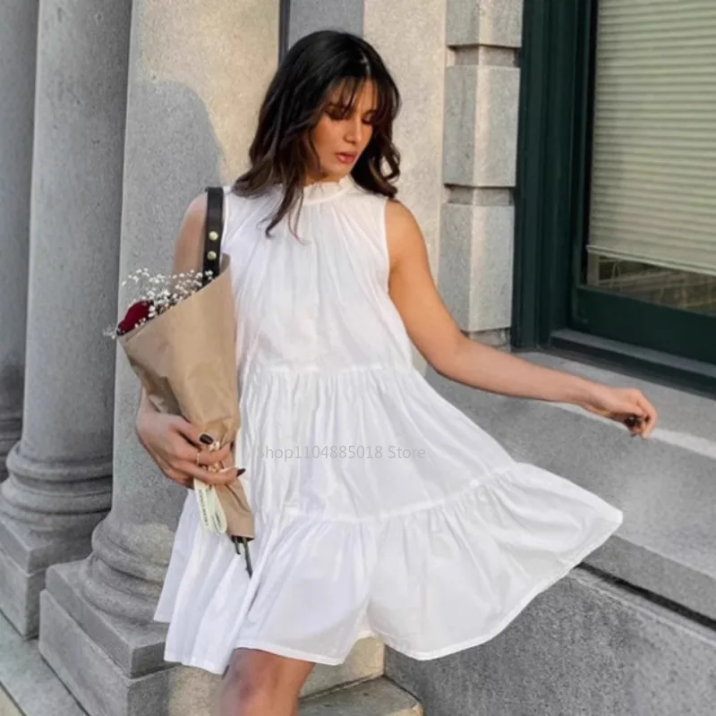 

White Lace-up Mini Dress Women Summer Casual Loose Pleated Short Dress Commuter Sleeveless Patchwork Round Neck Dress