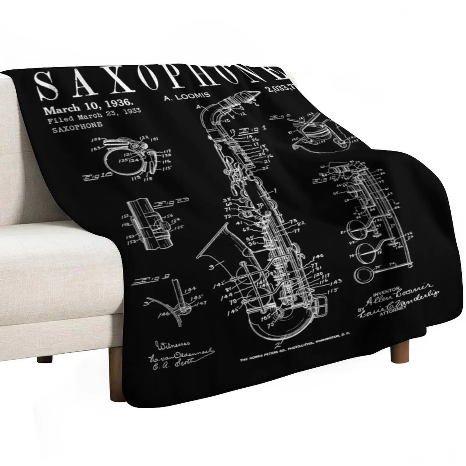 Saxophone Old Vintage Patent Drawing Print Throw Blanket Flannel anime Tourist Vintage Cute Soft Big Blankets