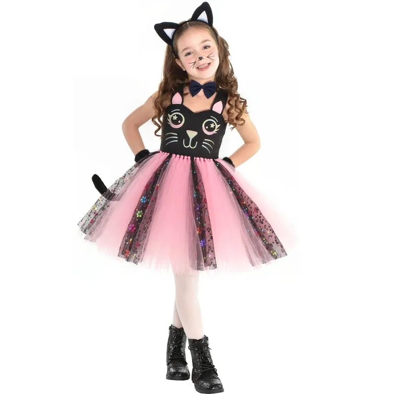 Niedliches rosa-schwarzes Katzenkleid für Kinder, Cosplay-Tutu-Rock, Tanzkostüm, Ohren, Schleife, Schwanz, Mädchen-Performance-Outfit, Geburtstagsparty-Outfit, Geschenk – Detail 8
