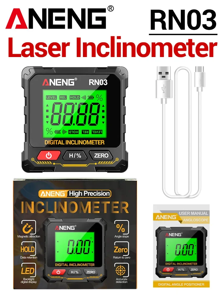 Magnetische oplaadbare digitale hoekzoeker ANENG RN02/RN03 Laser-inclinometer USB-gradenboog Niveauhoekliniaal Hoekmeting