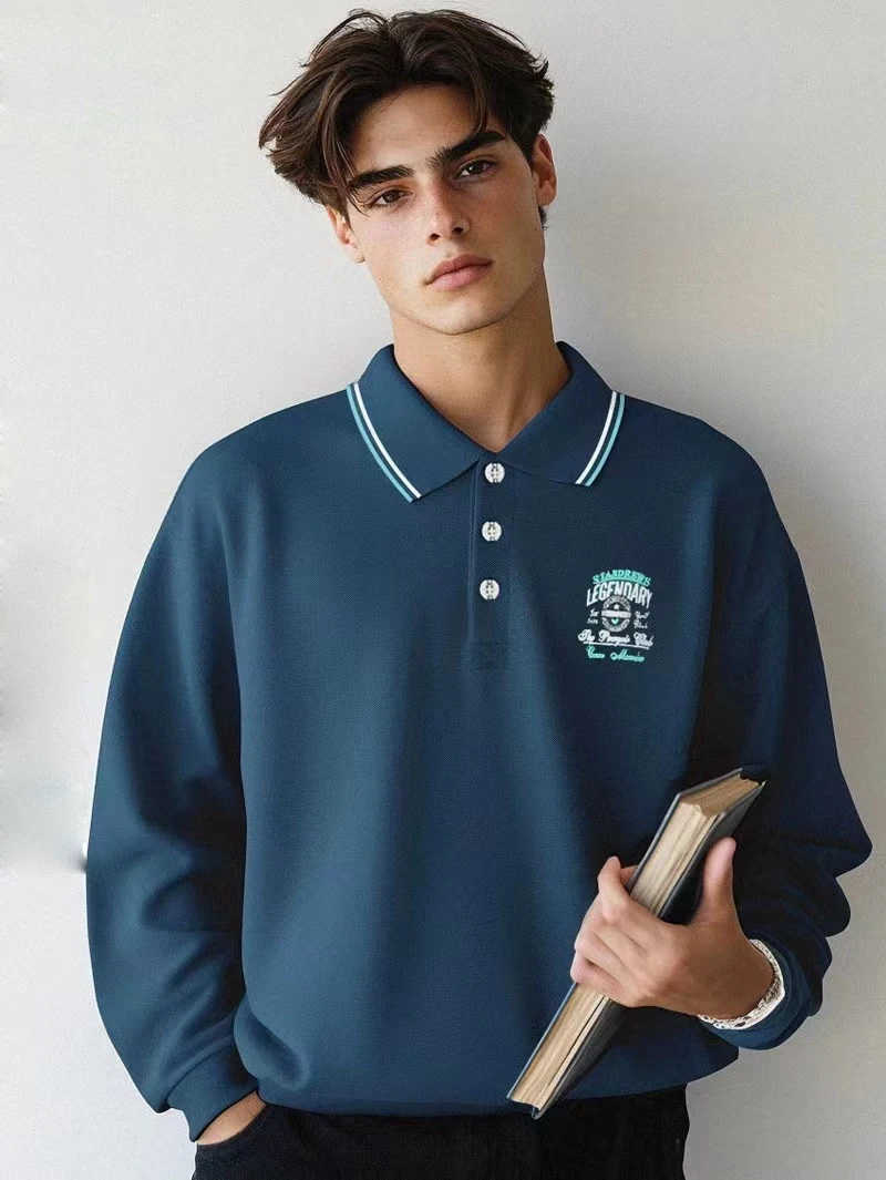 

men's cotton long sleeve polo shirt Plus size sports top Fashionable business casual lapel T-shirt for men