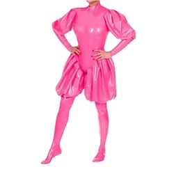 Pink Latex  Women Men Gummi Catsuit with Lantern Puff Sleeves and Leggs Rubber Coverall Socks Attached Bodysuit Handmade S-LC380