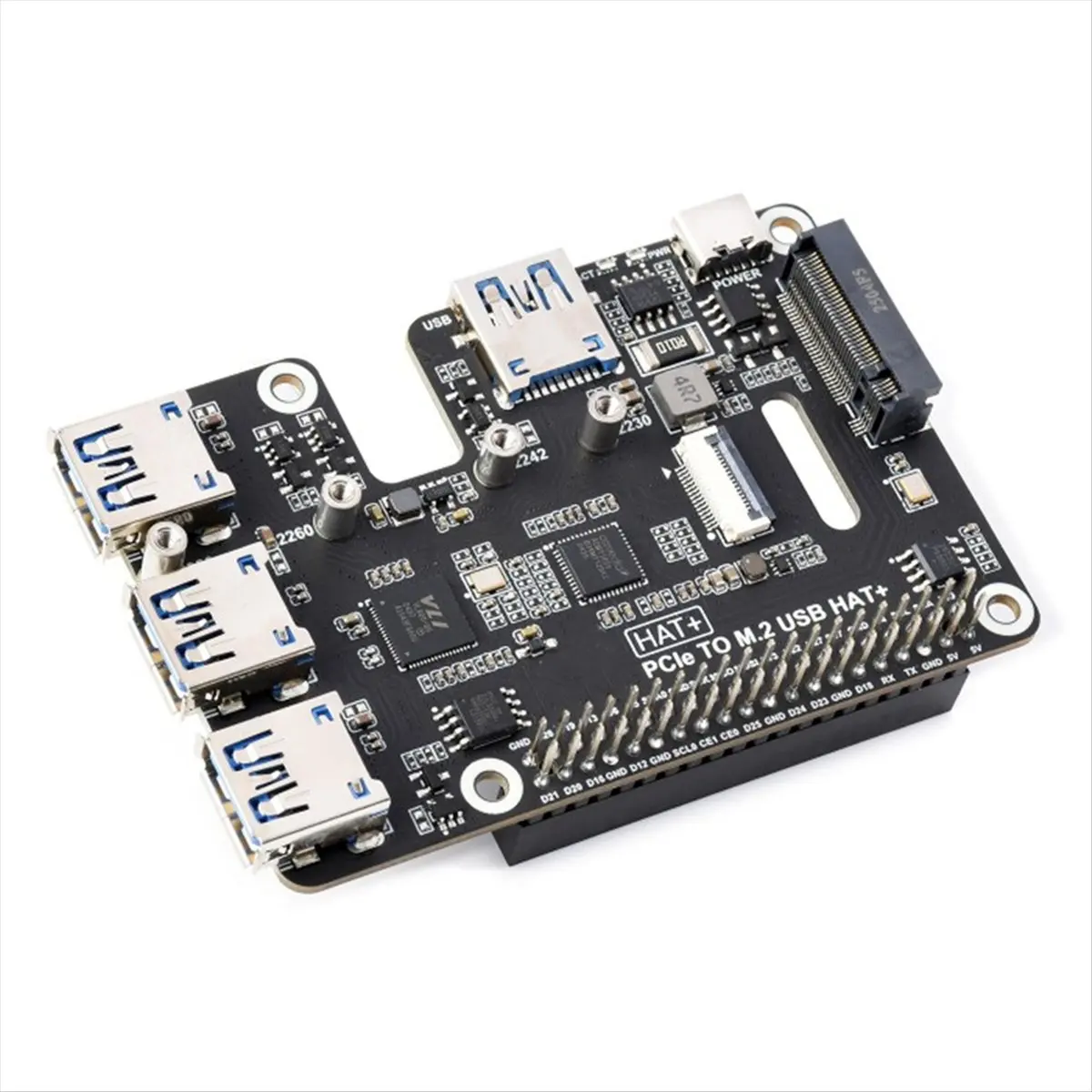 Top Sale PCIe to USB 3.2 Gen1 and M.2 HAT for 5, Supports NVMe Protocol Solid State Drive, Expands 4-Ch USB 3.2 Port