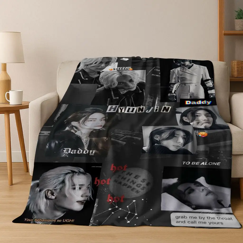 3D Print Stray Kids Kpop Star Hyunjin Flannel Blanket Soft Warm Blanket for Bedroom Living Room Bed Travel Camping Picnic Gift