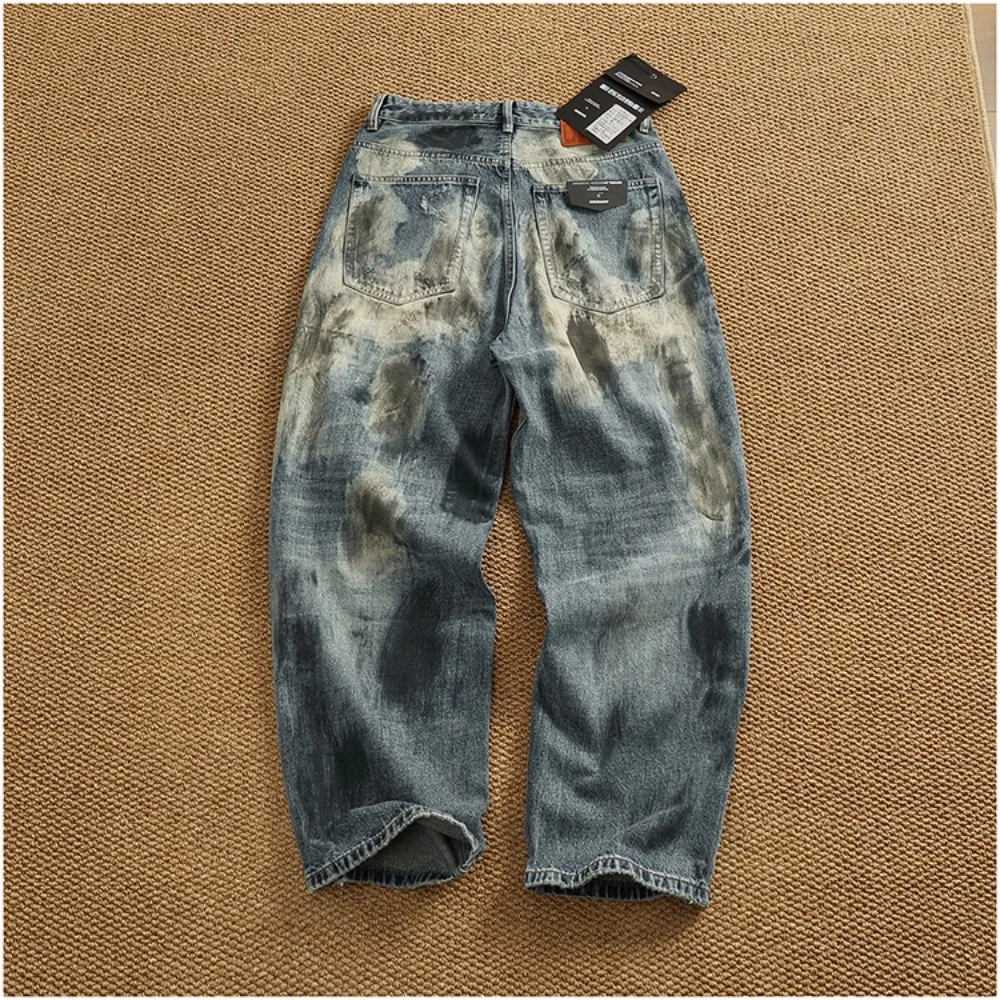 Loose silhouette straight trousers men's handmade ink splash and dye heavy industry washing heavy jeans