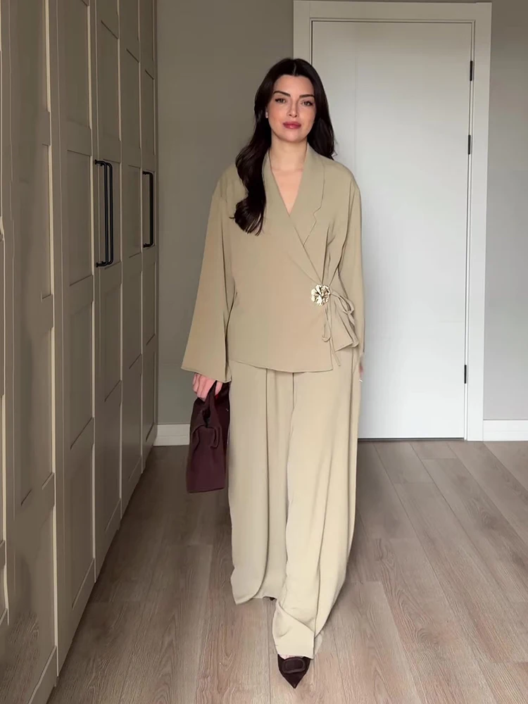 Spring Elegant Satin Long Pants Suit Women V-neck Lace Up Top+high Waist Loose Wide-leg Pants Autumn Casual Female Two Piece Set
