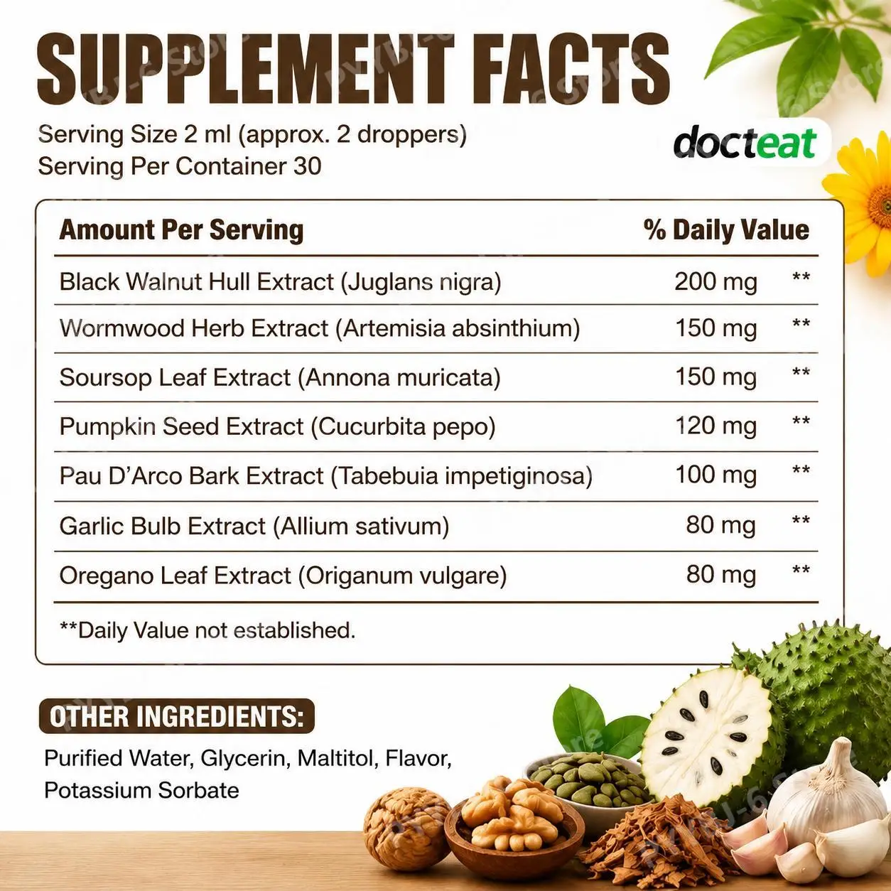 Docteat Black Walnut Intestinal Balance Drops with Wormwood, Soursop, Pumpkin Seed, Pau D'Arco & Oregano Leaf Extracts 60 ML