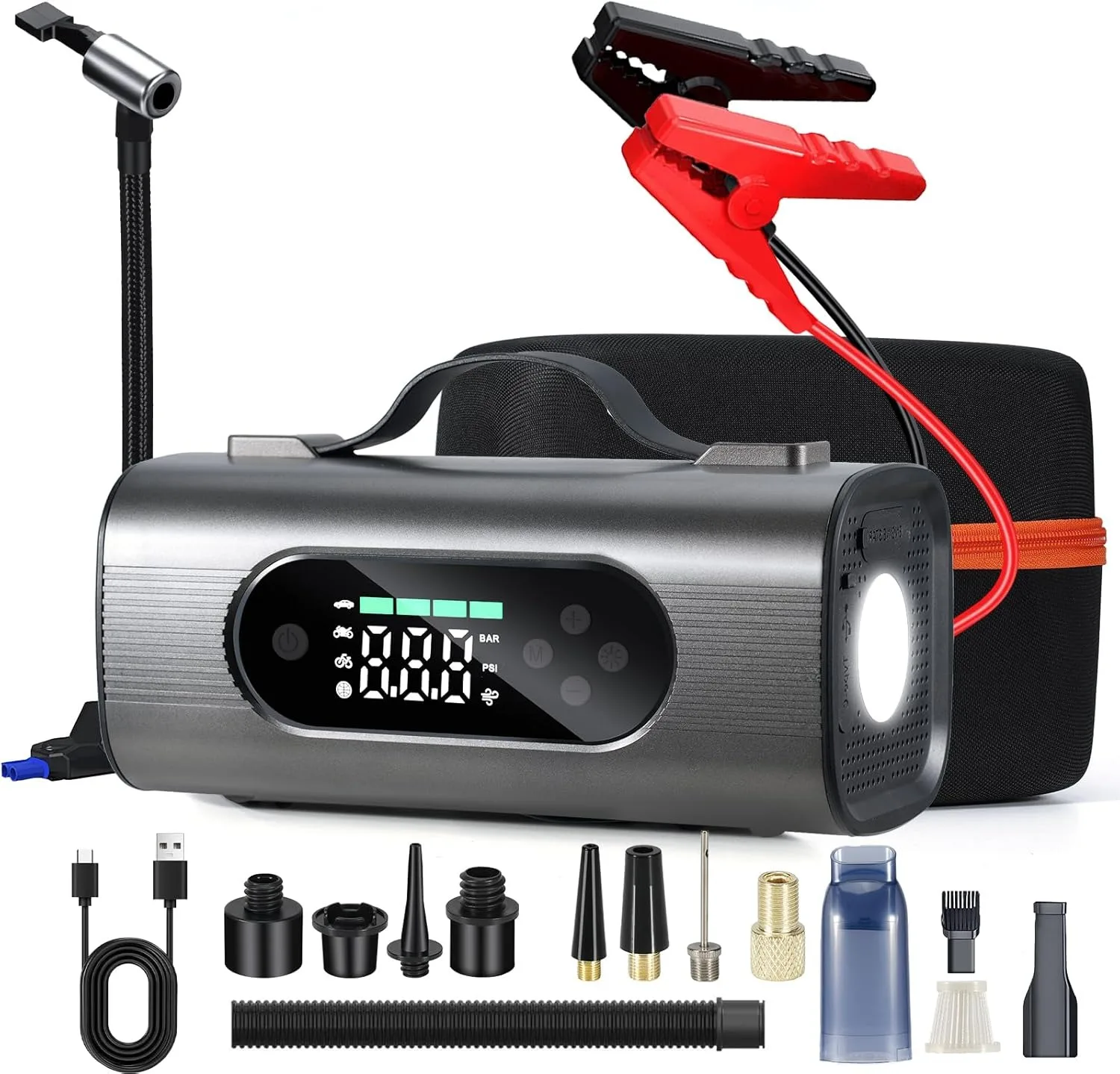 

2024 Newest 8 in 1 Portable Car Jump Starter with Air Compressor,Dual-use wireless VacuumCleaner 150PSI 12V Jump Box with Light
