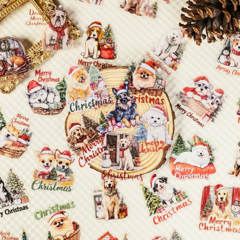 56Pcs Christmas‑Style Puppy Clear PET Stickers, Cute Pet Dog X‑mas Themed Transparent Decals for Journal DIY Festive Decoration